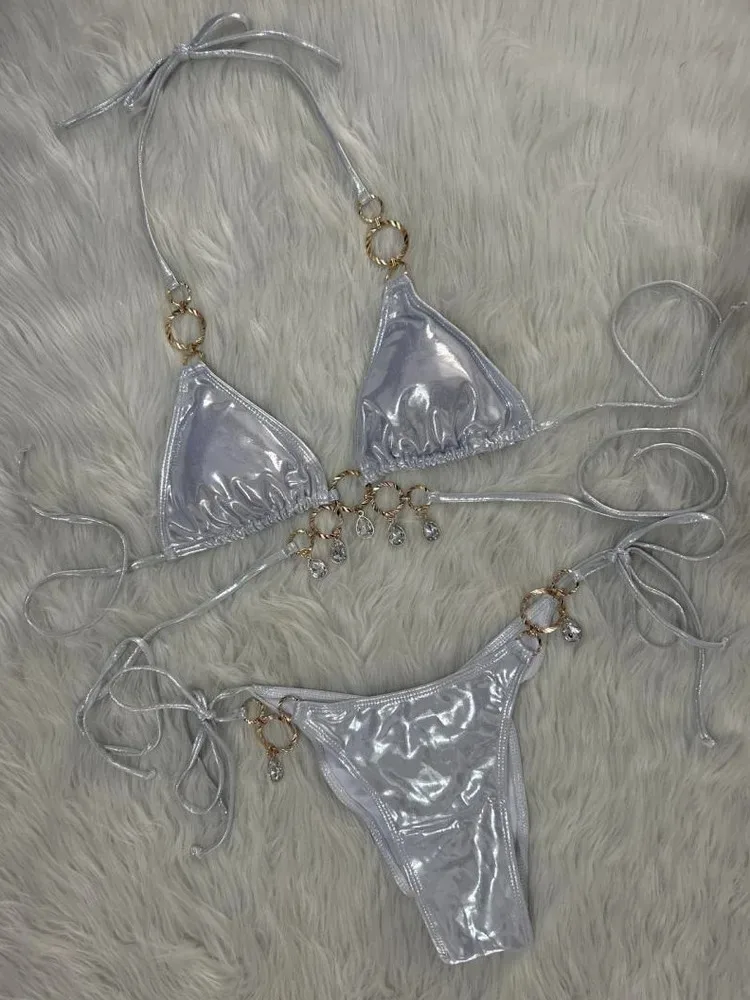 New 2026 Luxury Rhinestones String Bikinis Set Women Summer Beach 2 Piece Swimsuit Female Triangle Swinwears