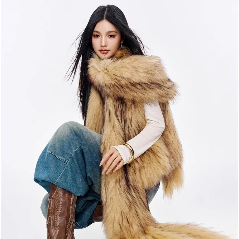 욜란페어리 리얼 라쿤 퍼 베스트 여성용 겨울 브레이디드 슬리브리스 스트레이트 튜브 스타일 숏 길이 퍼 코트 여성용 코트 2025