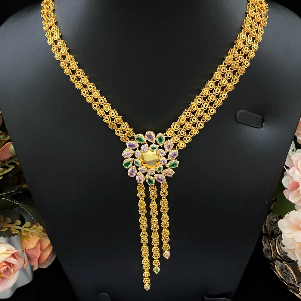 

JRH Zircon Women's Flower Drop Jewelry Set Necklace Earrings Ring Bracelet Dubai Saudi Party Engagement Accessories