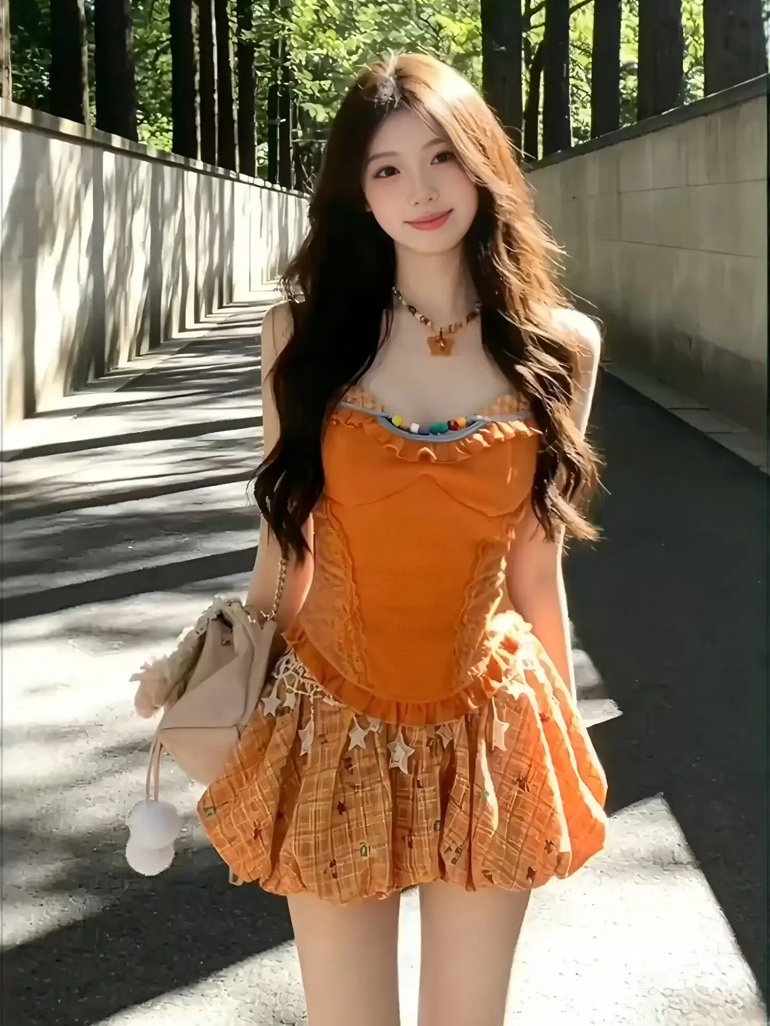 

Summer Orange Halter Top And High Waist Flared Skirt Two Piece Set Women's Fashion Casual Wear Comfortable Short Sleeve Vest
