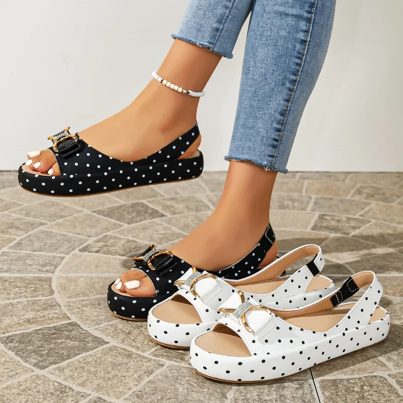 Wave Point Style Women's Round Open Toe Rhinestone Metal Buckle Bow Embellishment Sandals Summer Women Elegant Fashion Sandals