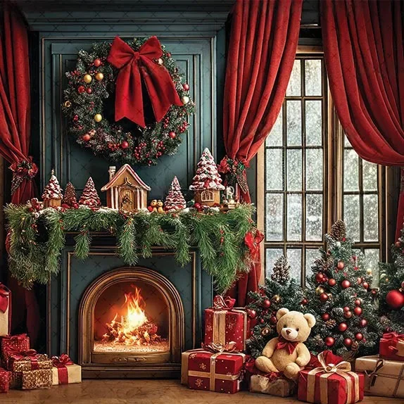 Mehofond Photography Background Winter Christmas Fireplace Window Xmas Tree Children Family Portrait Decor Backdrop Photo Studio