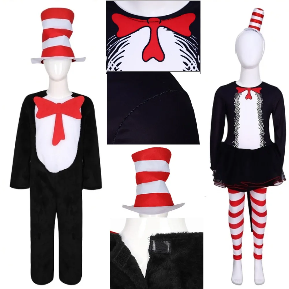 Disfraz de Dr. Seuss, el gato con sombrero, para niños, divertido disfraz de gato de dibujos animados, disfraz de Halloween para niñas y niños, disfraz de fiesta de carnaval