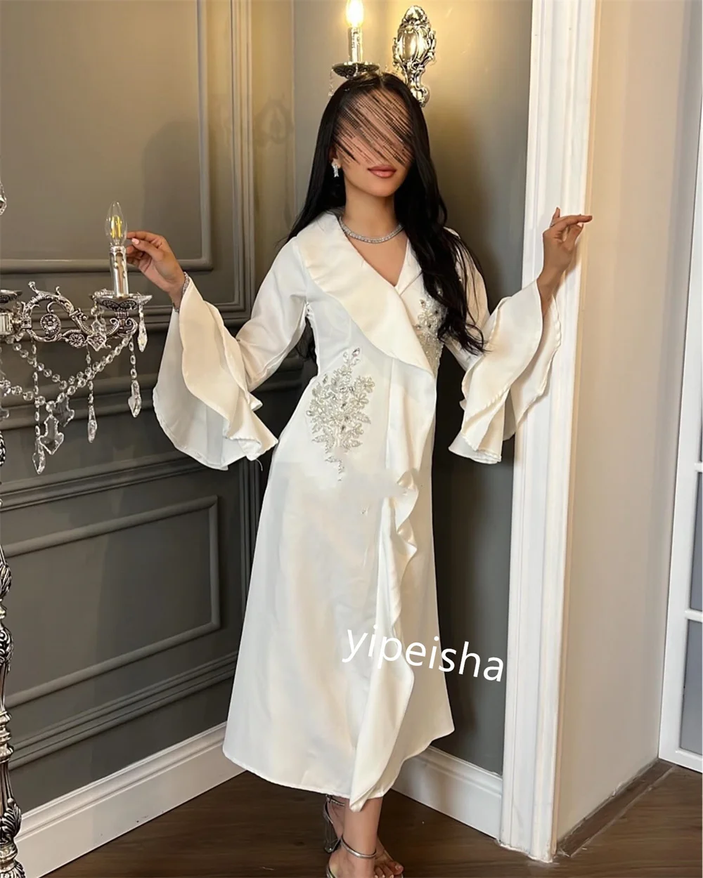 Vestido Midi de noche con volantes escalonados, Jersey con cuentas, cuello en V, a medida, Arabia Saudita