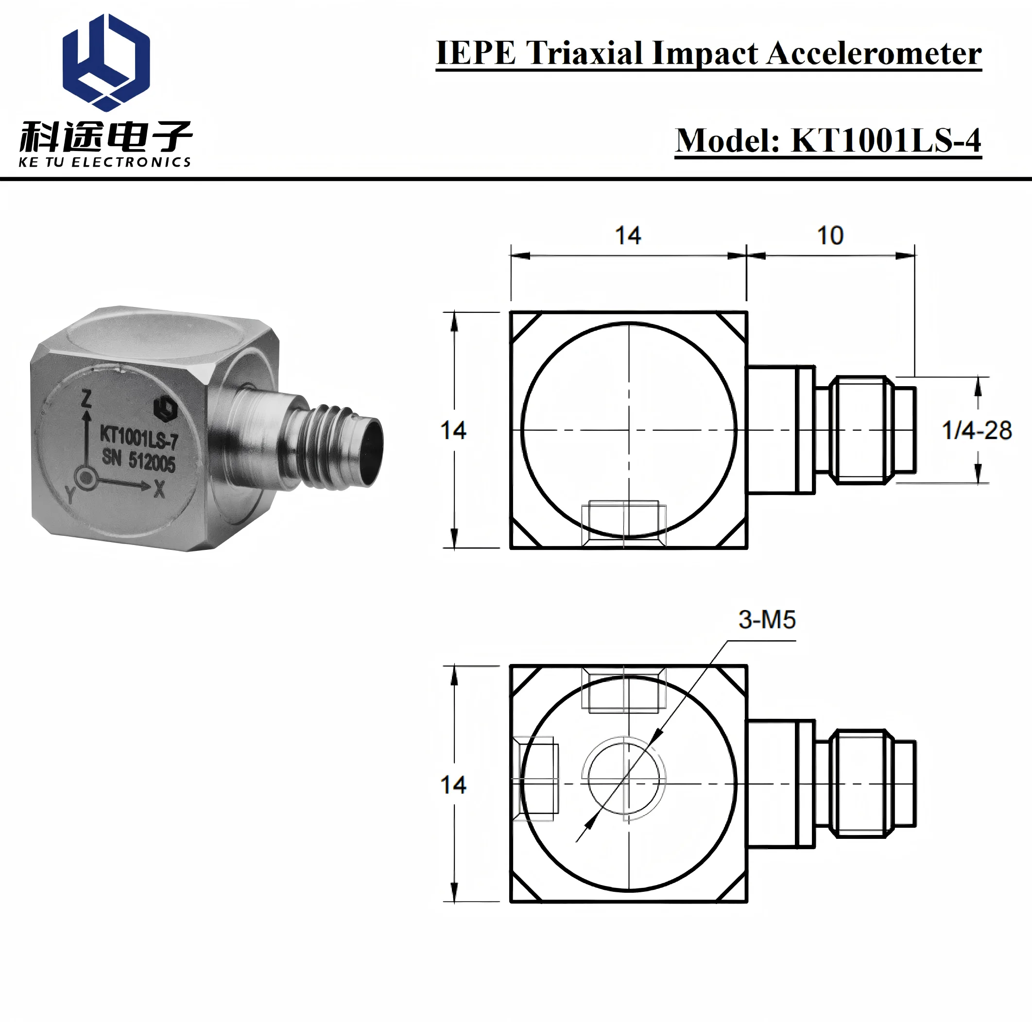 IEPE Shock Acceleration Sensor 3 Axis Piezoelectric Shock Accelerometer Sensor Triaxial Piezoelectric Vibration Transducer 1000g