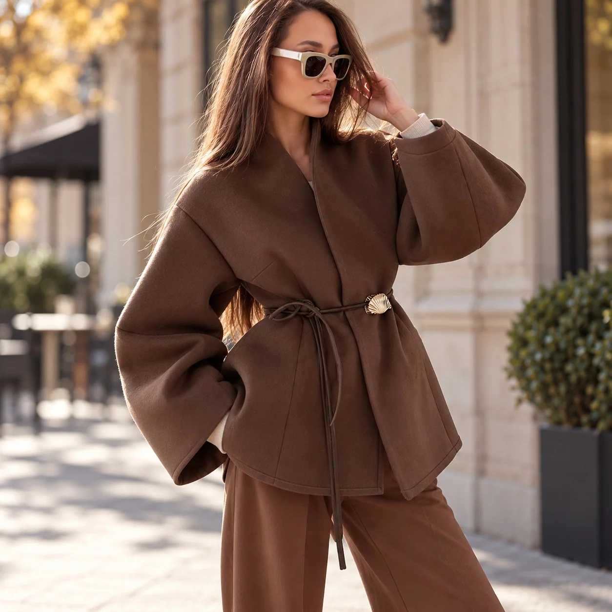 V Neck Long Sleeve Coat a Line Casual Japanese Korean Style with Wrinkle Treatment Regular Sleeve Pocket Detail Women Coat