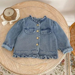 Autumn new baby clothing, 0-7 year old female baby, fashionable jacket with black fungus collar denim long sleeved jacket