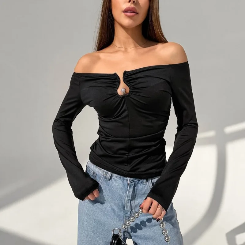 

Tuularose Knit Long Sleeve T-Shirt Women's Black Sexy Strapless Hollow Out Slim Pullover Fashion Y2k Hot Girls Streetwear Tops