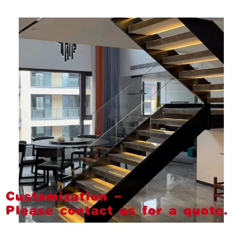 

custom.Modern Design Timber Steps Glass Rails Stairs LED Lights Double Side Stringer Staircase