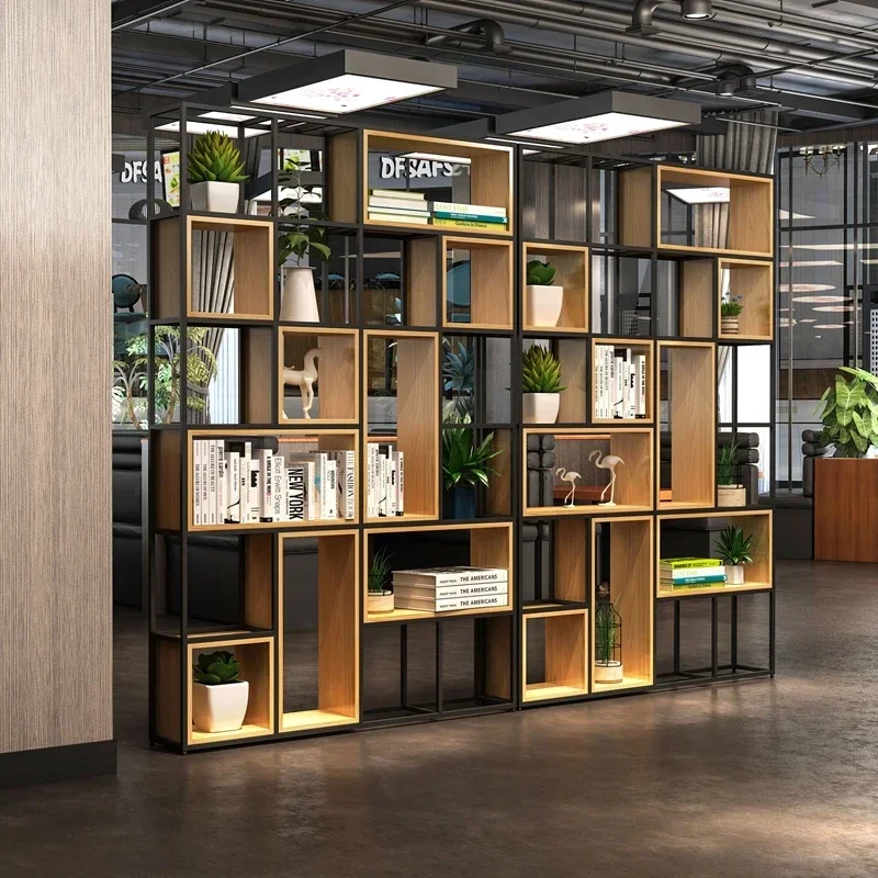 

2026 Latest Large cafe shop store book rack divider room plant shelve storage metal frame wooden box shelf