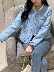 SMTHMA Korea Chic Elegant Tweed Jacket Woman Fall Button Up O-Neck Tassel Coat Female New Full Sleeve OL Jacket