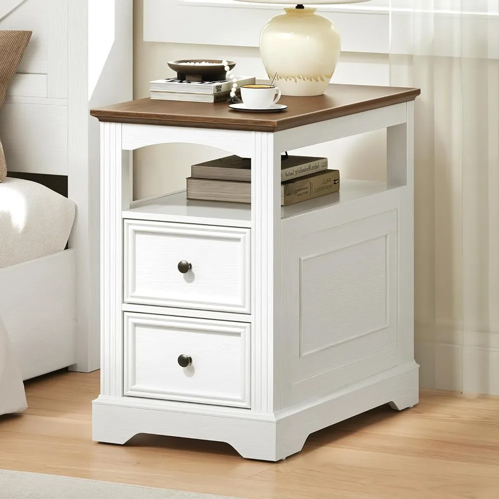 طاولة نهاية المزرعة مع درجين، طاولة جانبية ضيقة للأريكة مع مساحة تخزين ورف مفتوح، منضدة خشبية للمساحات الصغيرة، سرير #3