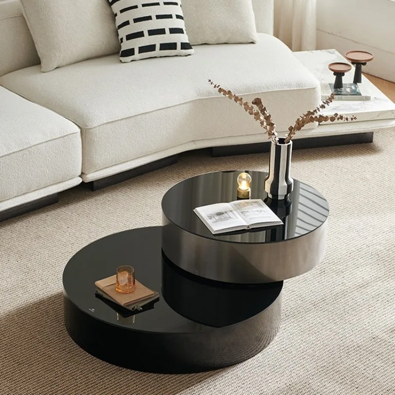 مجموعة طاولة قهوة مستديرة بحجم زجاجي من الفولاذ المقاوم للصدأ تلسكوبي دوار ومبتكر وبسيط باللون الأسود الفاخر #3