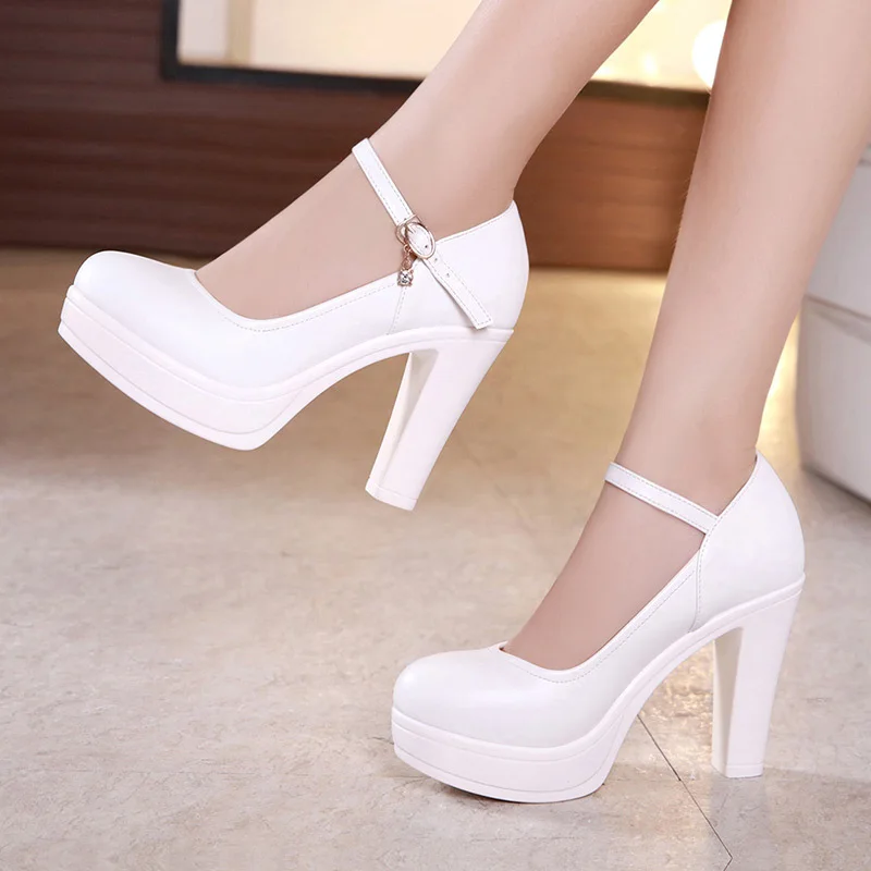 Small Size 32-43 Shallow Thick Bottom White Silver Wedding Shoes Bride Platform Pumps 2024 Block High Heels Shoes for Model Mom