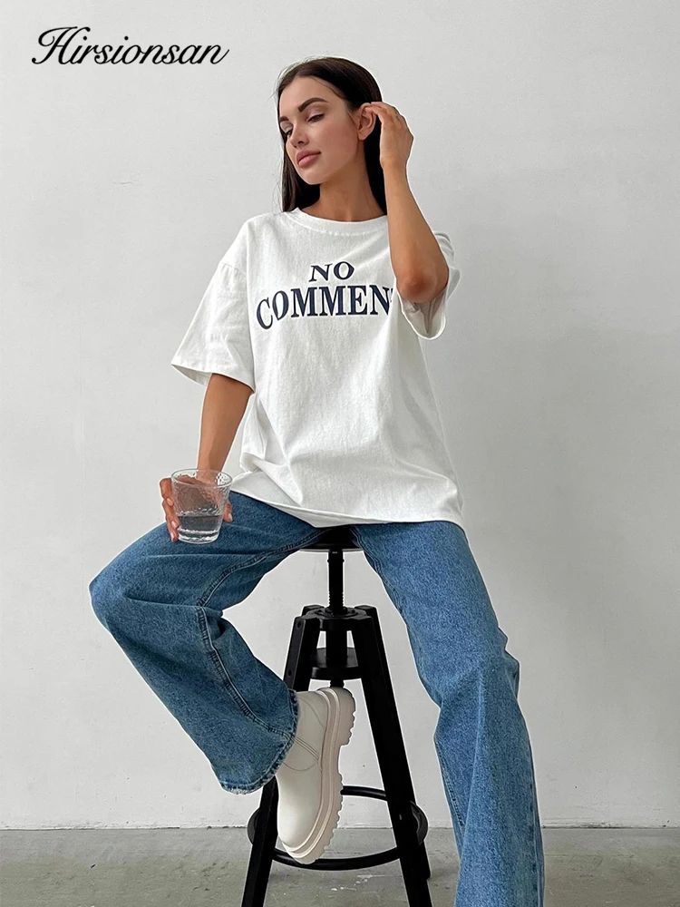 Hirsionsan Trendy All-match Basic T-shirt Women 2023 Summer Oversized Soft Cotton Tees Female Causal Loose Letter Graphic Tops