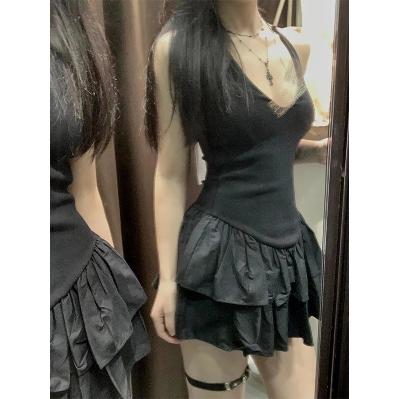 MEXZT Y2K Mini Abito Nero Donna Fashion Party Sexy Ruffles Halter Abiti Estate Gyaru Coreano Scollo a V Backless Aderente Abiti
