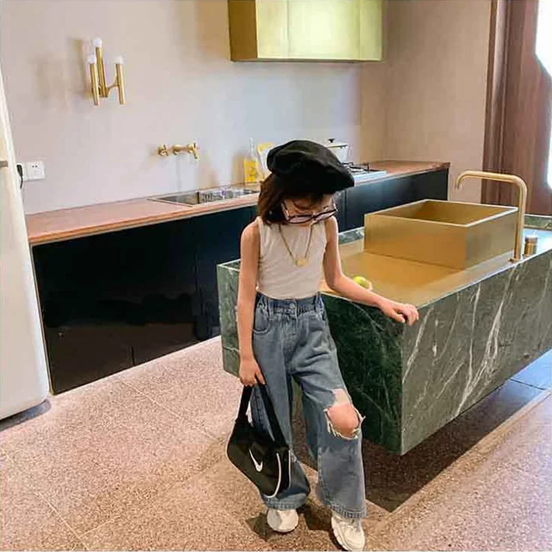 

Girls Pants Personality Ripped Wide Leg Jeans Trousers 2025 Spring And Summer New Fashion Kids Clothes Children'S Clothing