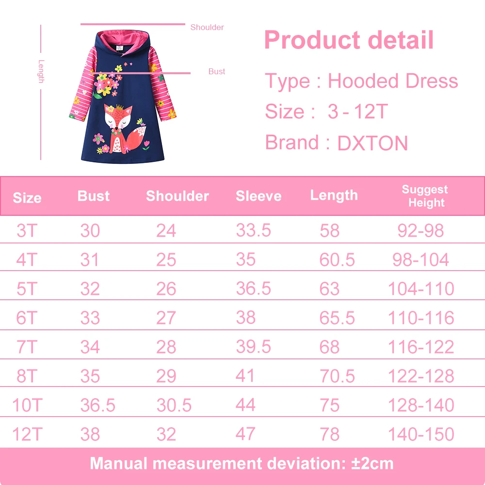 DXTON Winter Hooded Girls Dress Cotton Toddler Hoodies Outfits Squirrel Floral Children Dress Stripe Kids Hooded Cartoon Clothes