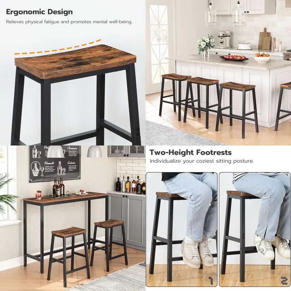 Pair of 23.6 Saddle Bar Stools with Footrests, Rustic Brown & Black, Suitable for Kitchen Counters and Dining Rooms