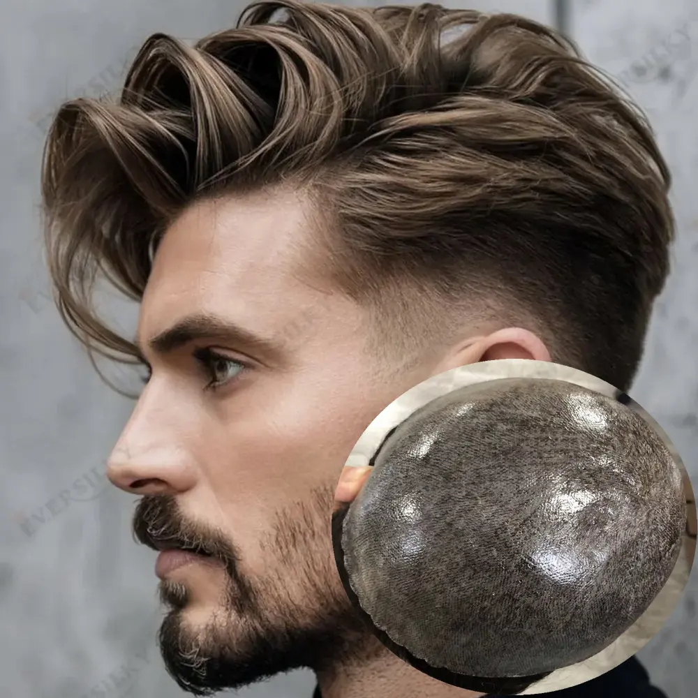 6 # الكستناء البني الشعر المستعار للرجال الشعر البشري الهندي الرجال الشعرية الاصطناعية رمادي شعر مستعار أسود Male0.1mm سمك الجلد شعر مستعار بولي PU