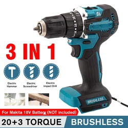 3 in 1 Brushless Cordless Electric Impact Drill Hammer 10mm 20+2 Torque Electric Screwdriver Power Tools for Makita Battery