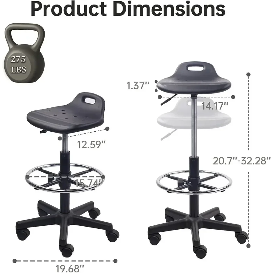 Drafting Rolling Stool Adjustable Height with Feet Rest Breathable Seat Cushion Swivel Stools with Wheels, Multi-Purpose Work S