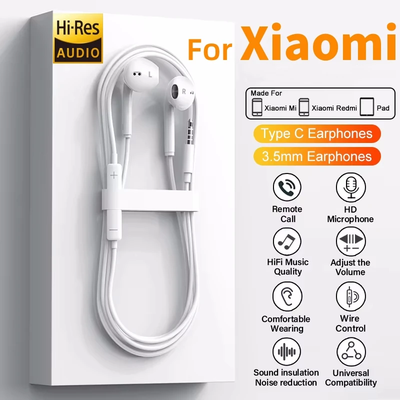 Écouteurs d'origine pour Xiaomi Mi 15 14 13 Redmi K70 K60 K40 Note 12 11 Pro Huawei Mate Samsung S23 Type C 3.5mm écouteurs filaires