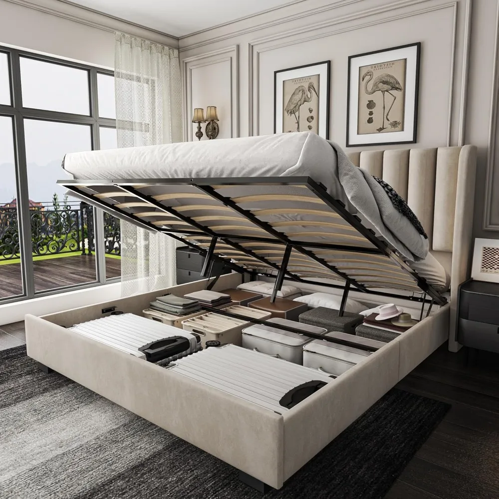 

King Size Upholstered Lift Up Storage Bed Frame with 51.2" Tall Headboard, Velvet Wingback Tufted Design, Wood Slats Support, No