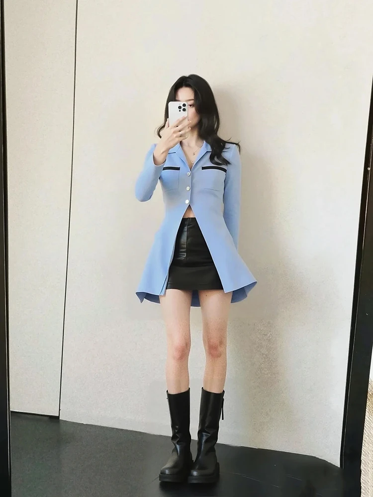 Strickjacke mit Rüschenbündchen, Temperament, elegant, elastisch, schlankes Revers, langärmeliger Damenpullover, 2025, Herbst neu