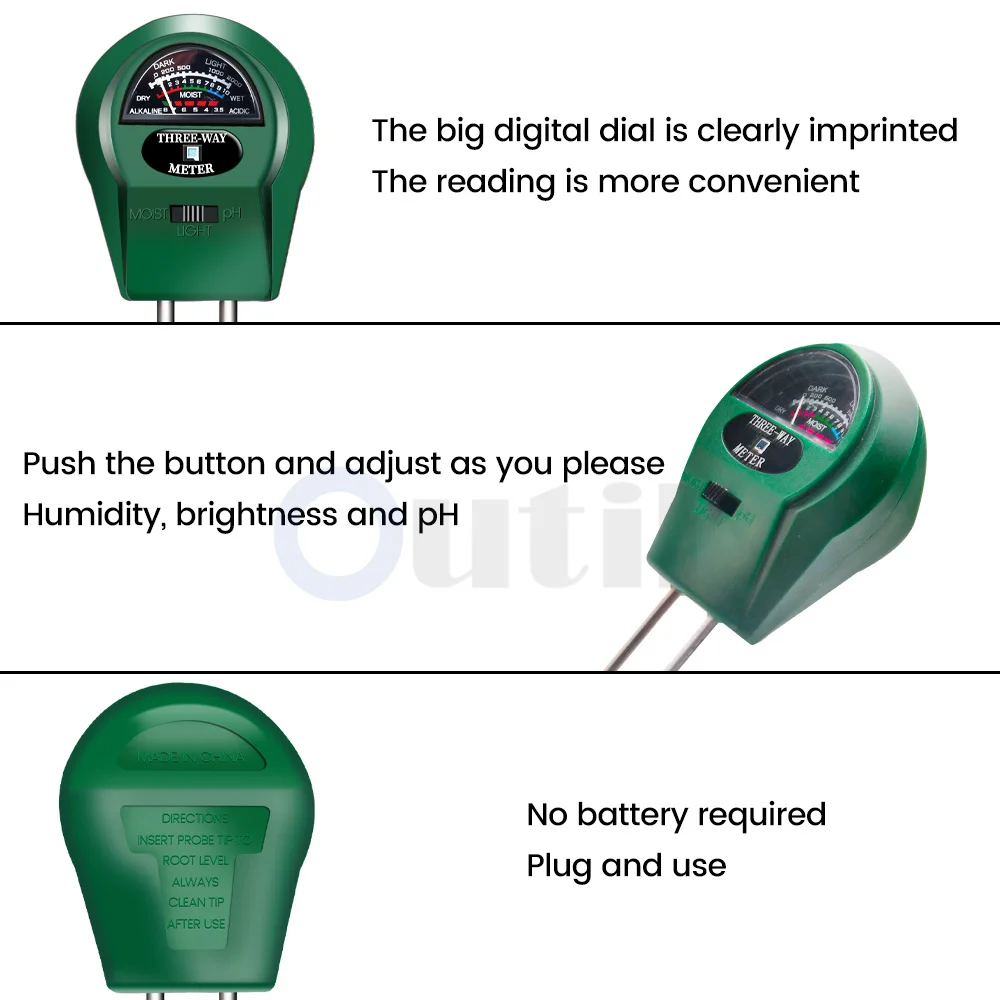 3 in 1 Soil PH Meter Sunlight PH Light Detection Tester Garden Flowers Soil Moisture Sensor Meter Plants Acidity Humidity PH