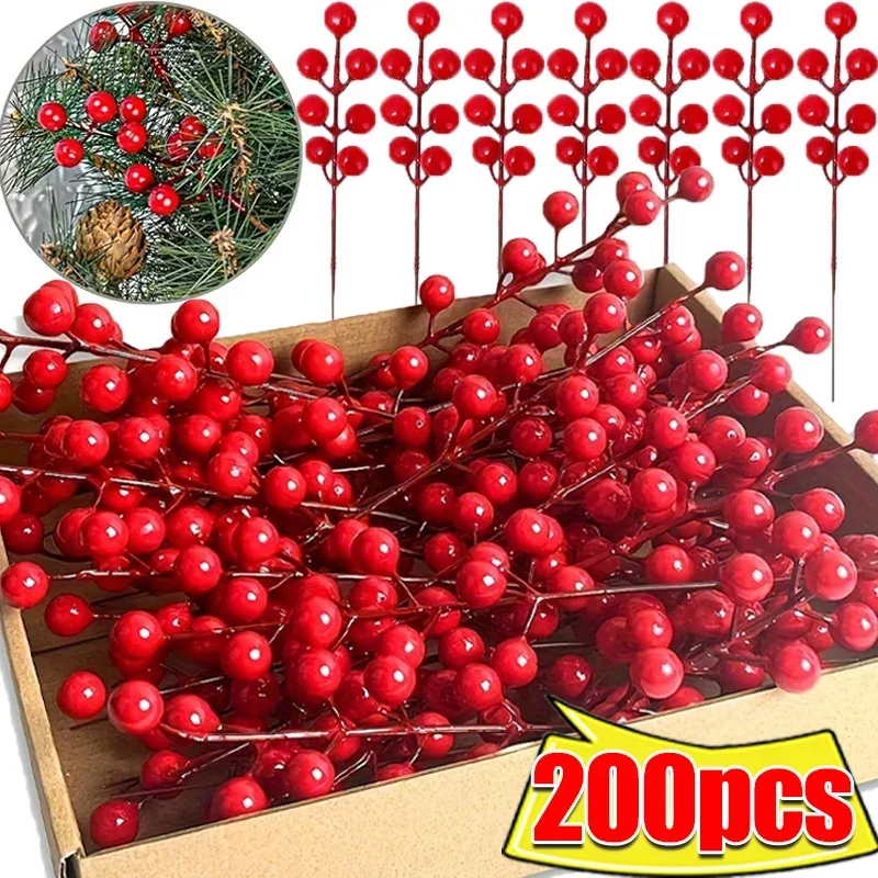 200/10PCS Red Artificial Berries Branch Christmas 7 Heads Holly Berry Stems DIY Craft Wreath New Year Party Xmas Tree Decoration