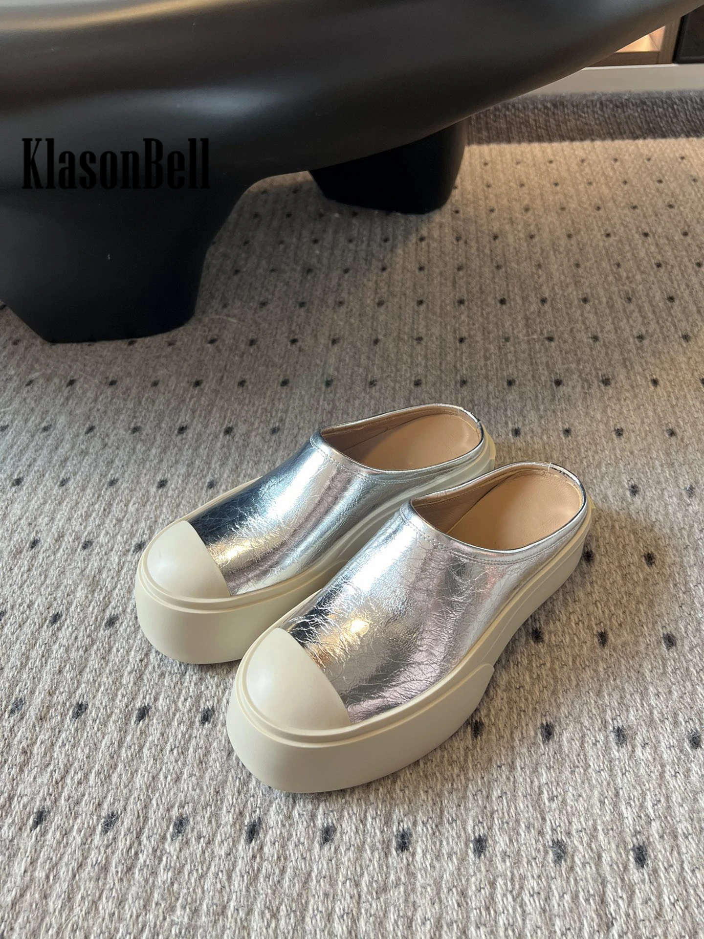 6.5 KlasonBell 2024 Summer New Thick Sole Outside Slippers Mules Shoes Genuine Leather Fashion Casual Slip-one Sandals Women