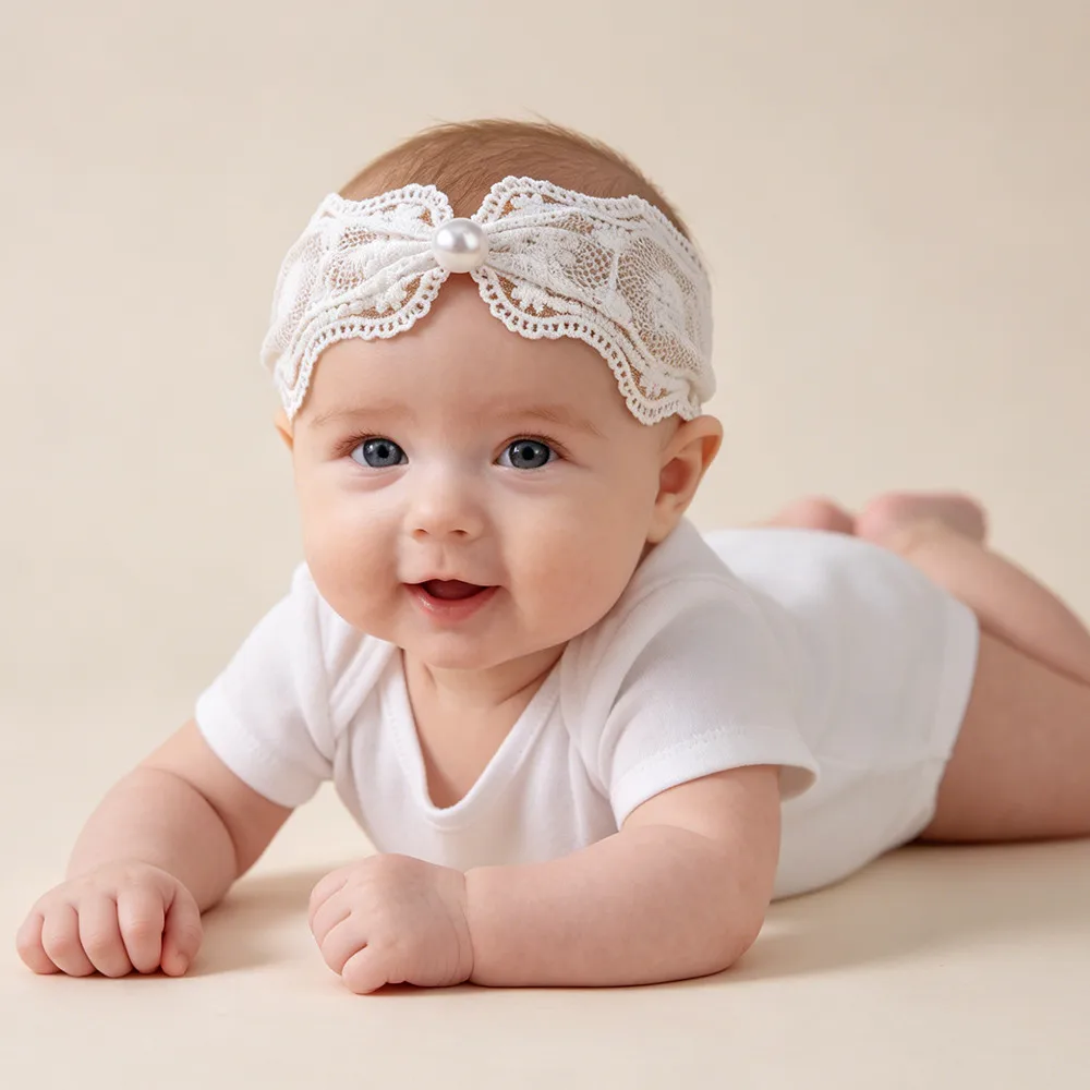 JOLLYPASS Süßes Spitzen-Stirnband mit durchbrochener Stickerei und Schleife für Babys, Nylon-Turban, elastische Haarbänder, Haarschmuck für Neugeborene – Detail 2