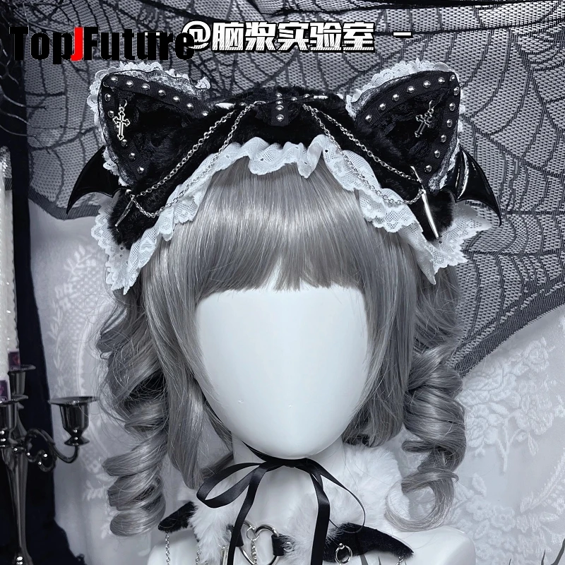 Damska koronkowa y2k dziewczęca gotycka Lolita cosplay Harajuku punkowa opaska z opaską z kocimi uszami Lolita klamra punkowa opaska cosplay