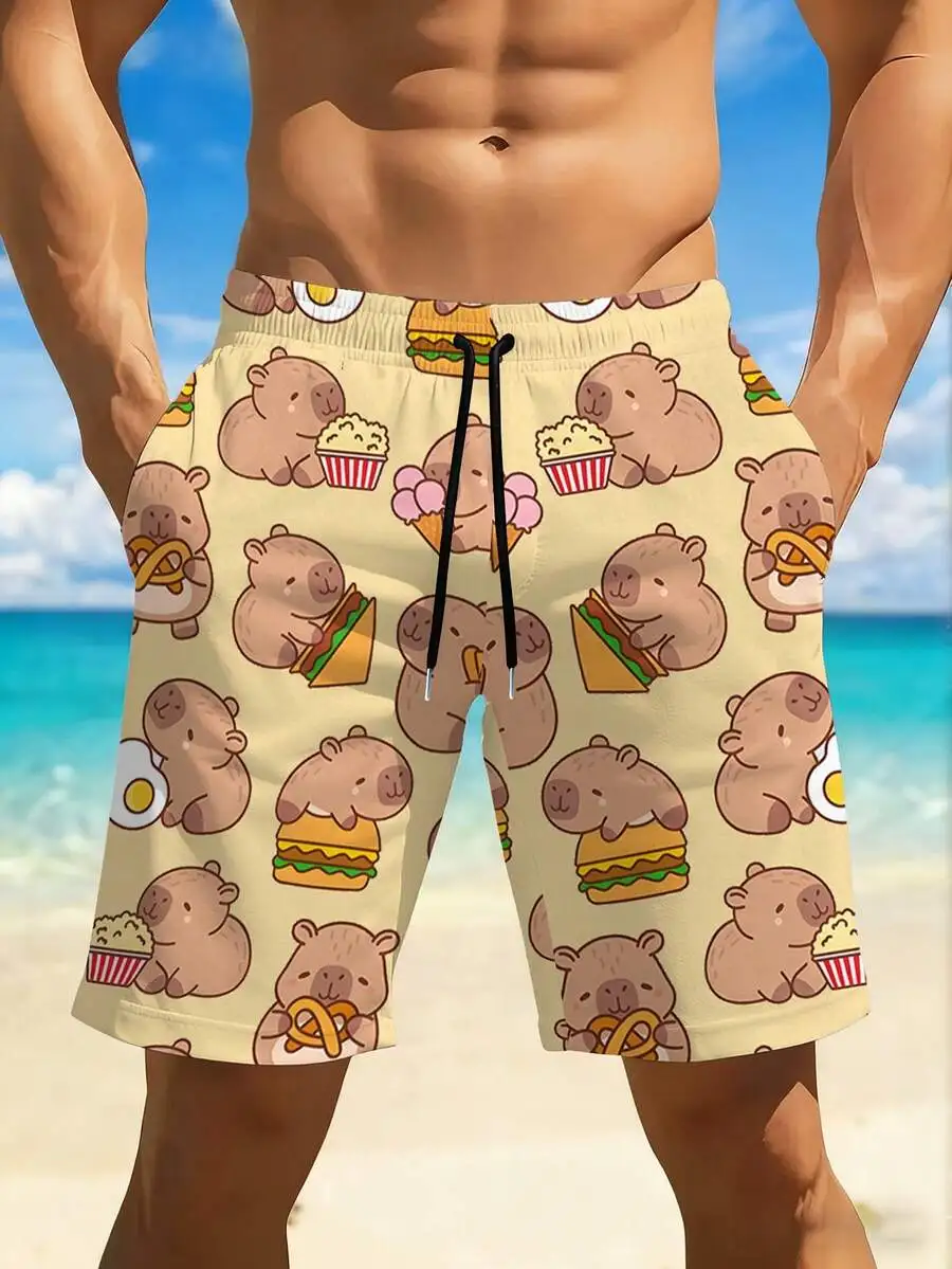 

Mens Quick Dry Swim Trunks With Cute Capybara Food Print Beach Shorts Casual Regular Fit
