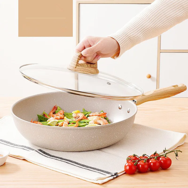 Non-stick Wok Frying Pan With Lid Deepen Wok Ceramic Pot Home Steak Pancake Fried Induction Gas Stove Universal Kitchen Cookware