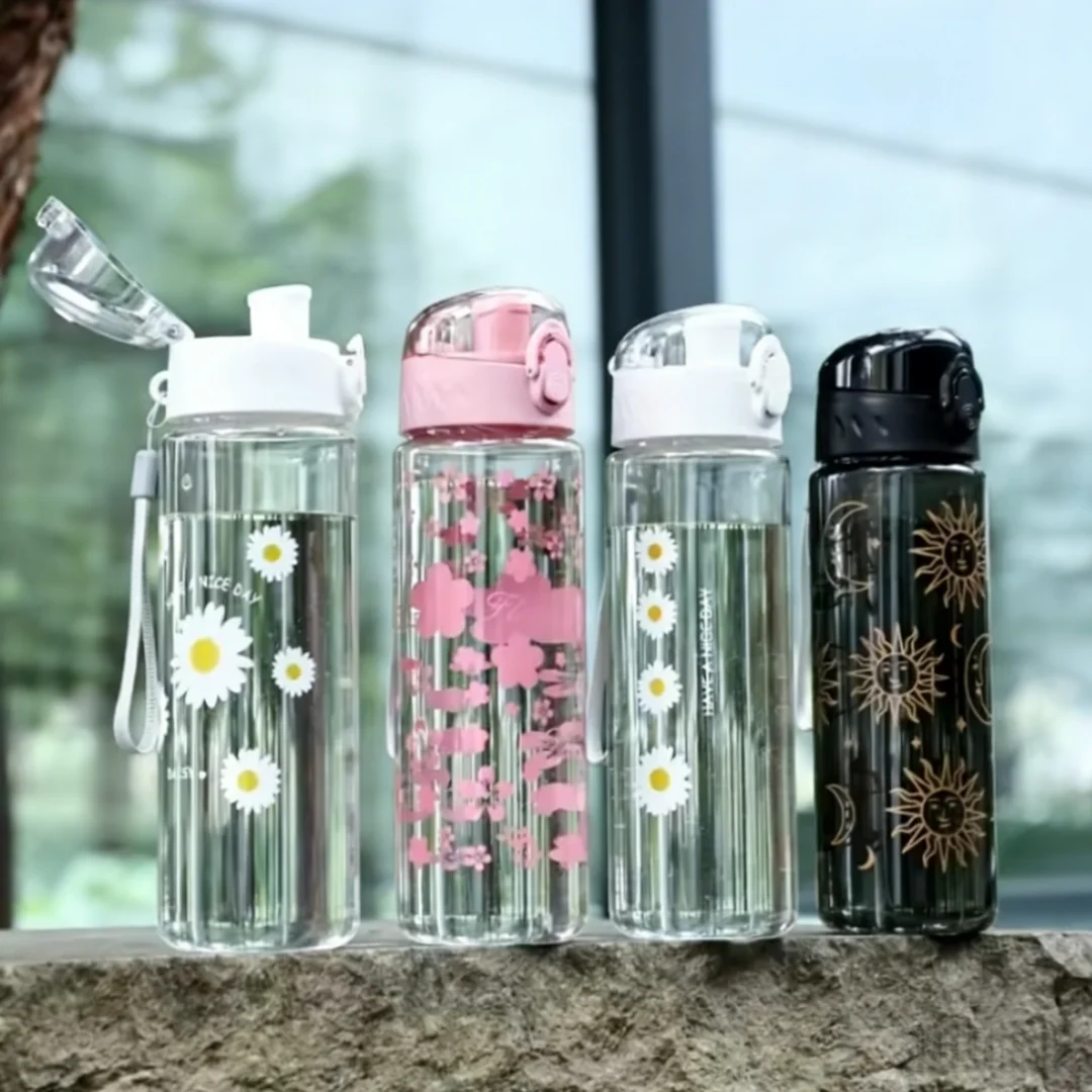 Portable Convenience Large Capacity Cherry Blossom Water Bottle with Secure Lid & Carrying Rope, High-Quality PC Material