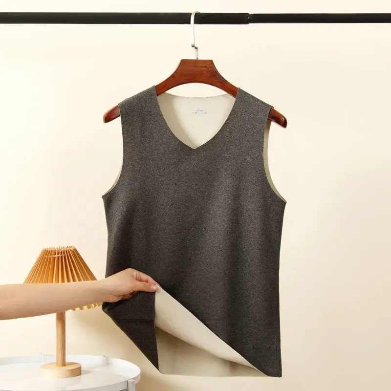 Autumn Winter Men Fleece Thicken Warm Bottoming Tank Top Male Cashmere Seamless Slim V-neck Basic Solid Sleeveless Casual Vest