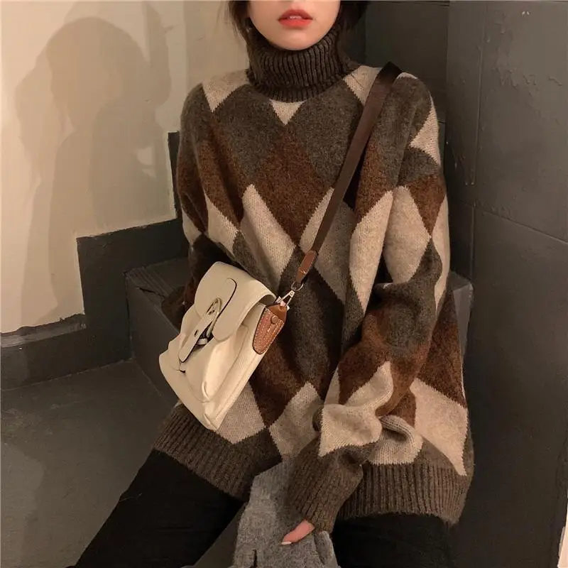 

Pullover Female Autumn and Winter Slouchy High Neck Contrast Lingge Sweater Women Retro Loose Korean Long Sleeve Knit Sweater