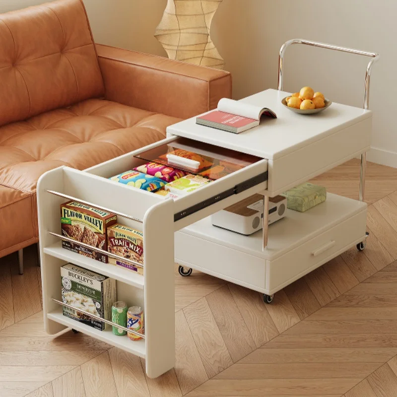 Modern expandable side table with drawers, open shelf, space saving, retractable, with locking wheels, suitable for daily use