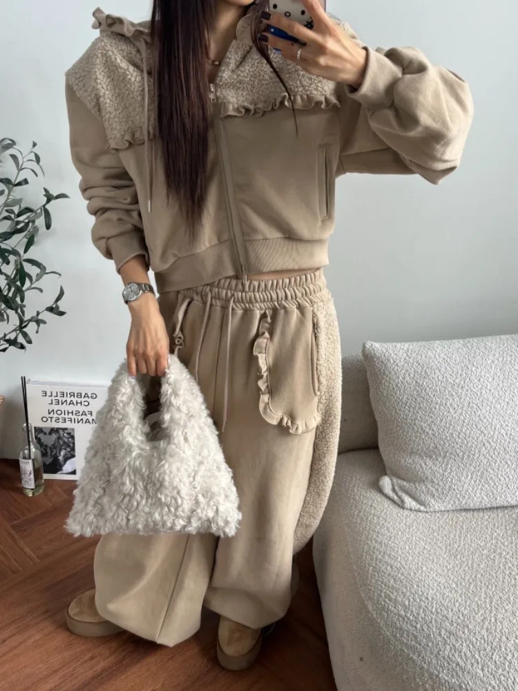 Lamb Fur Hoodie Jaet Women's High Waist Casual Pants Set Spring Autumn Design Sense Splicing Wood ain  Street Sle