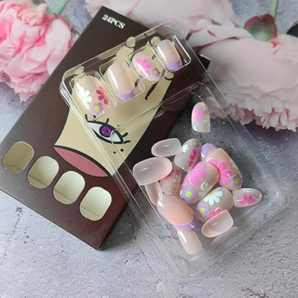 24 piezas de uñas de presión cortas en forma de almendra, punta francesa rosa floral, brillantes y elegantes, uñas postizas de cobertura completa para mujeres y niñas, primavera, uso diario 3