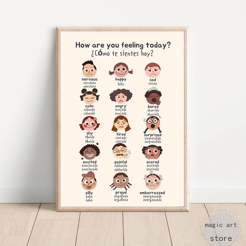 Educational Feelings Art Poster in English Spanish Emotion Calming Corne Classroom Canvas Painting Wall Print Picture Home Decor