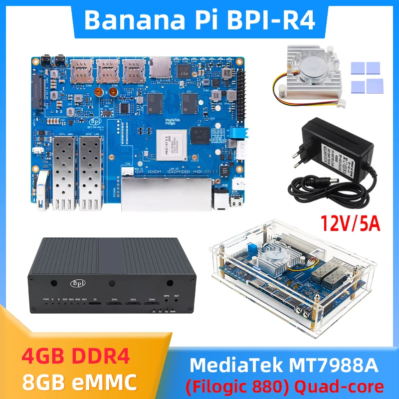 Banana Pi-Quad-Core Smart Router Board, Octa-R4, MediaTek MT7988A, Filogic 880, braço Corex-A73, 4GB DDR4, 8G, eMMC, 128MB, SPI, NAND Flash