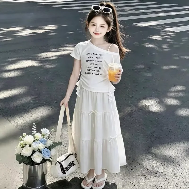 

Girls' Summer Set 2026 New Children's Thin Sweet Short Sleeve T-shirt+White Butterfly Long Dress Two Piece Set