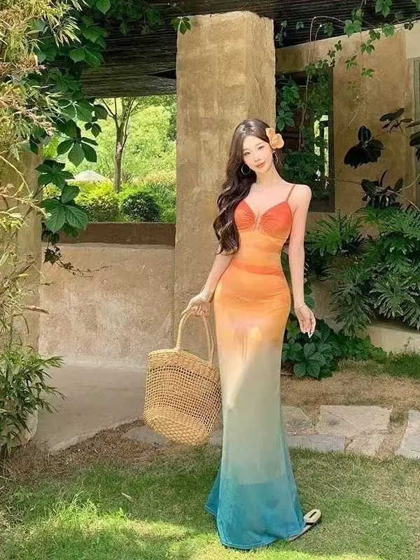 Island Vacation Atmosphere Gradient Color Sunset Tie Dye Net Halter Long Dress Bohemian Style Summer Beach Casual Women's Dress