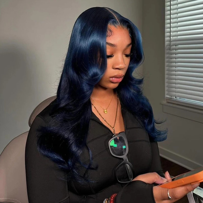 

Blue Colored Long Bob Wig 13x4 Lace Frontal Wigs Density Wavy Sye Hair Wigs For Black Women Body Wave Hairstyle