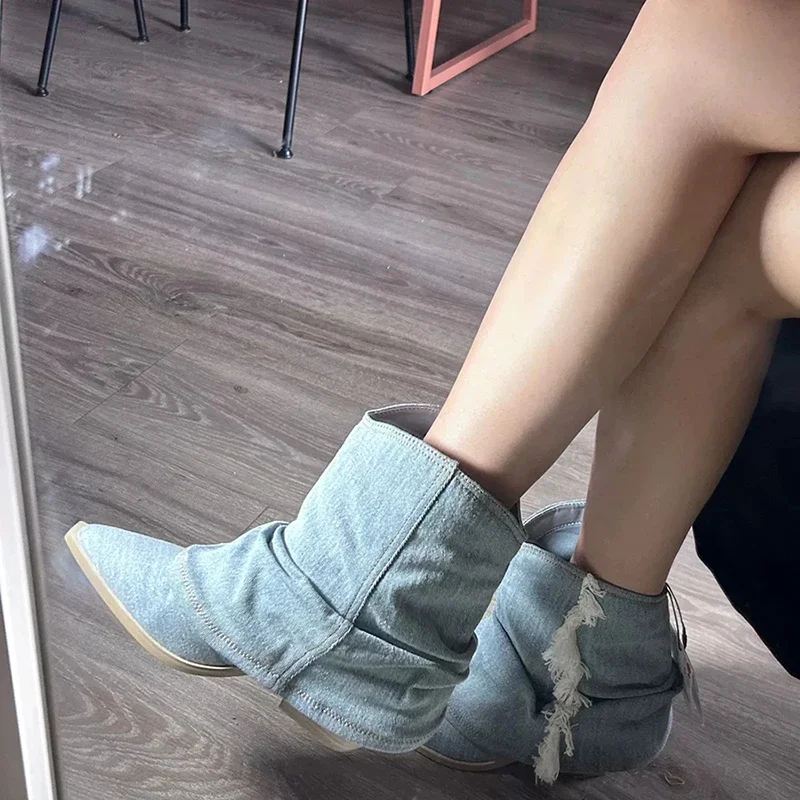 Pointed Toe Denim Women Western Cowboy Boots Fashion Slip On Short Booties Retro Style Autumn Winter Female Shoes