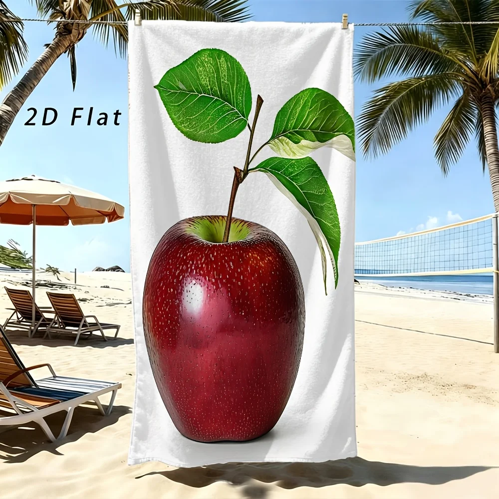 Glossy Apple Image Beach Towel With Green Leaf Detail Soft Touch Surface Non Slip Fabric For Outdoor Lounge