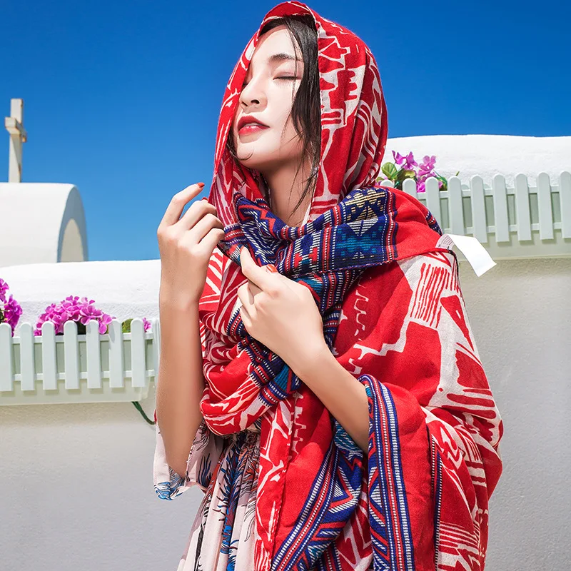 Summer Autunm Cotton Linen Women Scarf Photographic Luxury Brand Lady Shawl All-match Ethnic Style Print Female Scarves